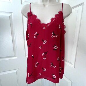 Socialite Red Floral Lace Eyelash Trim Sleeveless Camisole Blouse Top Womens L
